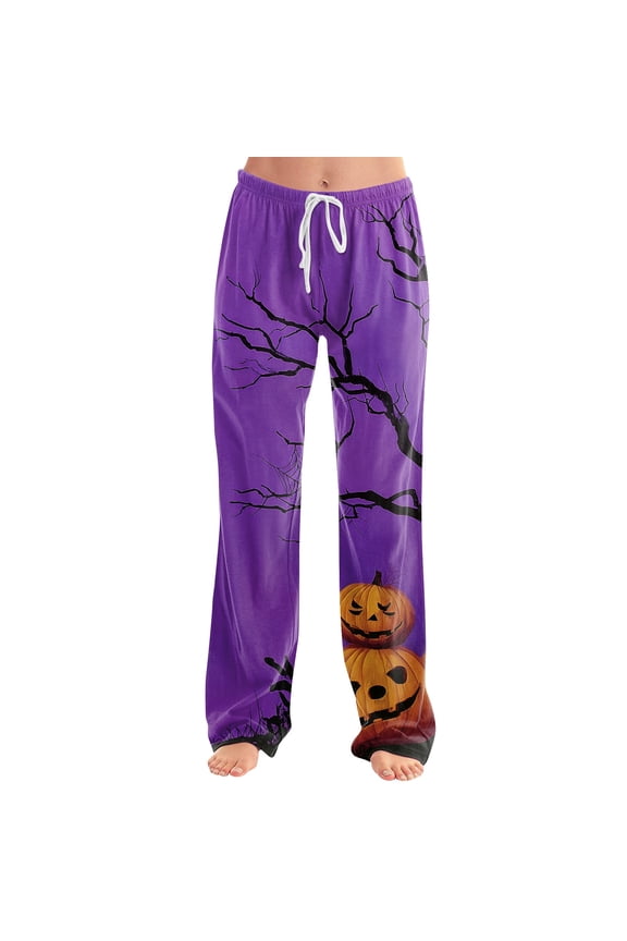 Women's Halloween Pajama Pants Bat Spider Web Wide Leg Funny Sleep Pants Candy Skull Drawstring Spooky Pajama Pants, S