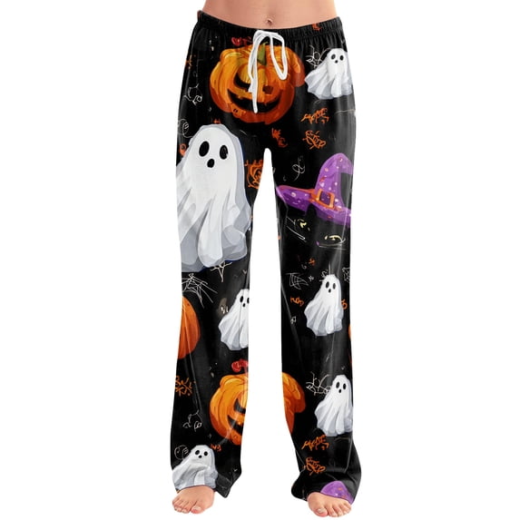 Women's Halloween Pajama Pants Candy Witch Hat Drawstring Spooky Sleep Pants Ghost Spider Web Wide Leg Horror Pajama Pants, XL