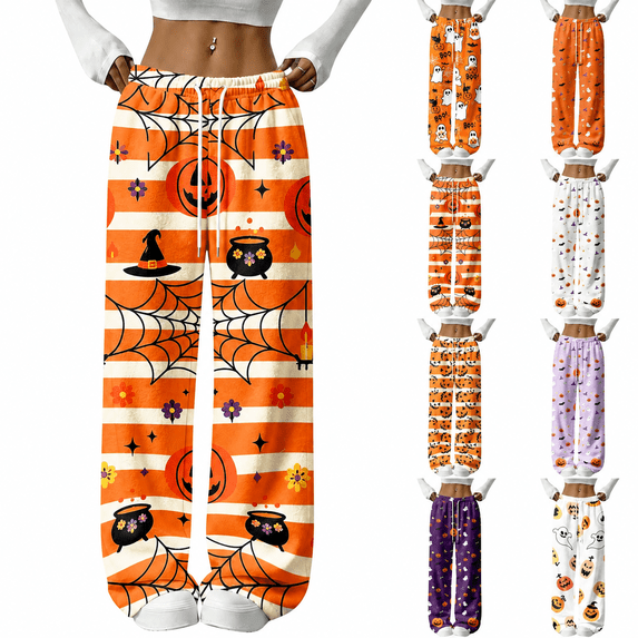 Women's Halloween Pajama Pants, Halloween Sweatpants Funny Pumpkin Print Wide Leg Harem Lounge Pants with Drawstring Elastic Waist Pajama Bottoms Sleepwear Matching Pajamas Halloween Christmas Gifts