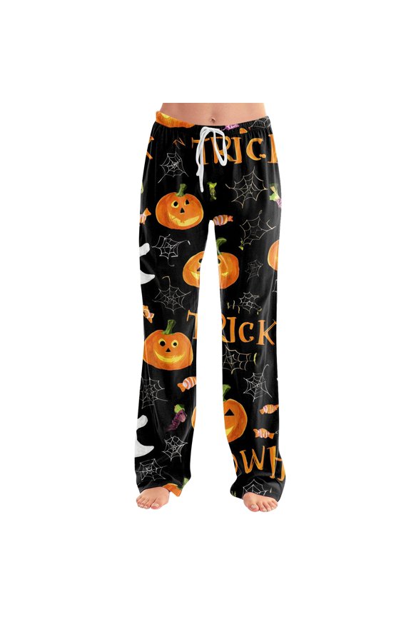 Women's Halloween Pajama Pants Pumpkin Bat Wide Leg Horror Pajama Pants Spider Web Candy Drawstring Funny Sleep Pants, S
