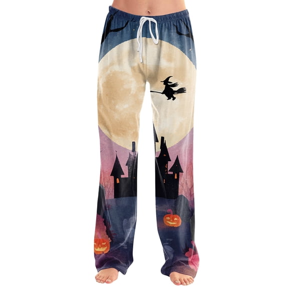 Women's Halloween Pajama Pants Pumpkin Skull Wide Leg Funny Sleep Pants Witch Hat Bat Elastic High Waist Horror Pajama Pants, XL