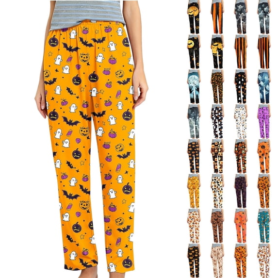 Women's Halloween Pajama Pants Soft Ghost Pumpkin Printed Sleepwear Stretch Long Lounge Bottoms Casual Sleep Pants S-5XL