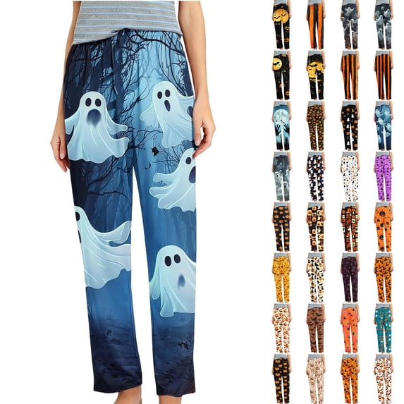 Women's Halloween Pajama Pants Soft Ghost Pumpkin Printed Sleepwear Stretch Long Lounge Bottoms Casual Sleep Pants S-5XL