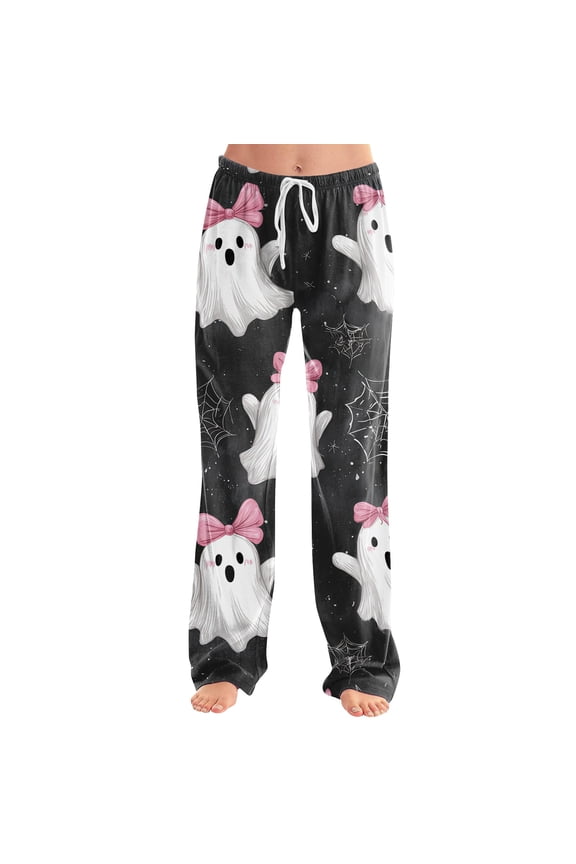 Women's Halloween Pajama Pants Witch Hat Pumpkin Drawstring Funny Pajama Pants Skull Ghost Elastic High Waist Spooky Sleep Pants, M