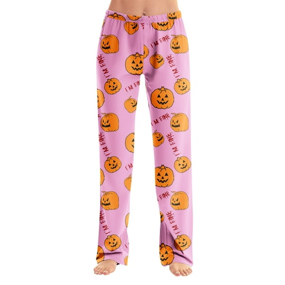 Women's Halloween Pajama Pants with Pumpkin Print, Soft Lounge Sleepwear Bottoms, Elastic Waist, Comfortable Fit Pjs Sleep Bottoms,Pink S