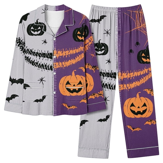 Women's Halloween Pajama Set Pumpkin Button Down Long Sleeve Print Sleepwear 2-Piece Lounge Suit with Pockets