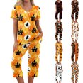 thumbnail image 1 of Women's Halloween Pajama Set Short Sleeve V Neck Top and Cropped Pants Lightweight Breathable Lounge Outfit with Pumpkin Print Casual Sportswear for Daily Wear Orange M, 1 of 6