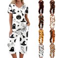 thumbnail image 1 of Women's Halloween Pajama Set Short Sleeve V Neck Top and Cropped Pants Lightweight Breathable Lounge Outfit with Pumpkin Print Casual Sportswear for Daily Wear White L, 1 of 6