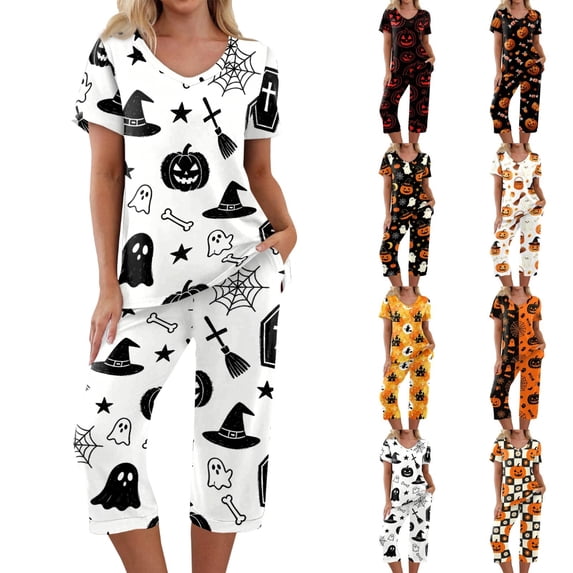 Women's Halloween Pajama Set Short Sleeve V Neck Top and Cropped Pants Lightweight Breathable Lounge Outfit with Pumpkin Print Casual Sportswear for Daily Wear White L