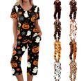 thumbnail image 1 of Women's Halloween Pajama Set Short Sleeve V Neck Top and Cropped Pants Lightweight Breathable Lounge Outfit with Pumpkin Print Casual Sportswear for Daily Wear Yellow XL, 1 of 6