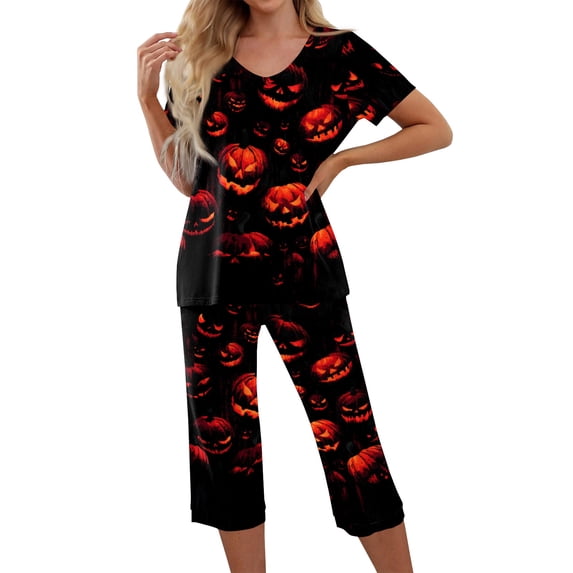 Women's Halloween Pajama Sets 2 Pieces Lounge Sleepwears Pumpkin Printed Plus Size Short Sleeve Top and Capri Pants Halloween Gifts