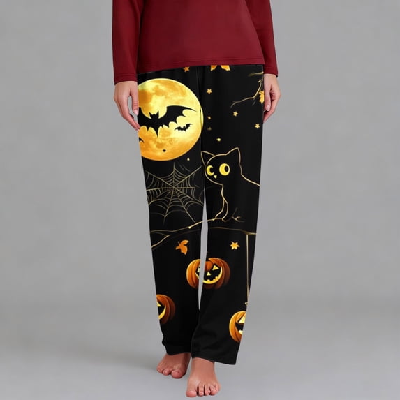 Women's Halloween Pajamas Black Cat Full Moon Print Lounge Pants Elastic Waist Casual Sleep Trousers Soft Relaxed Fit Sleepwear Bottoms Spooky Season PJs