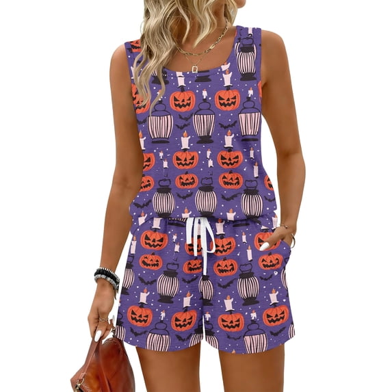 Women's Halloween Pajamas Matching Halloween Pajamas Halloween Pjs Womens Lounge Set Halloween Pajama Set Summer Pajamas for Women Set 2 Piece Pjs Sets Sleeveless Sleepwear, Purple, XL