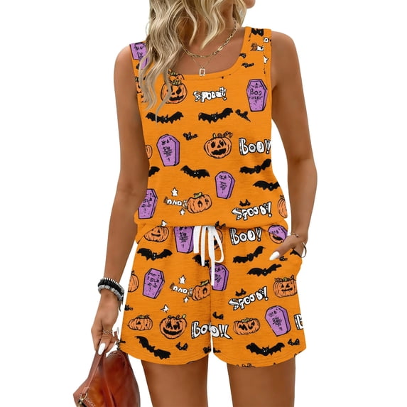Women's Halloween Pajamas Matching Halloween Pajamas Halloween Pjs Womens Lounge Set Halloween Pajama Set Summer Pajamas for Women Set 2 Piece Pjs Sets Sleeveless Sleepwear, Saffron, 3XL