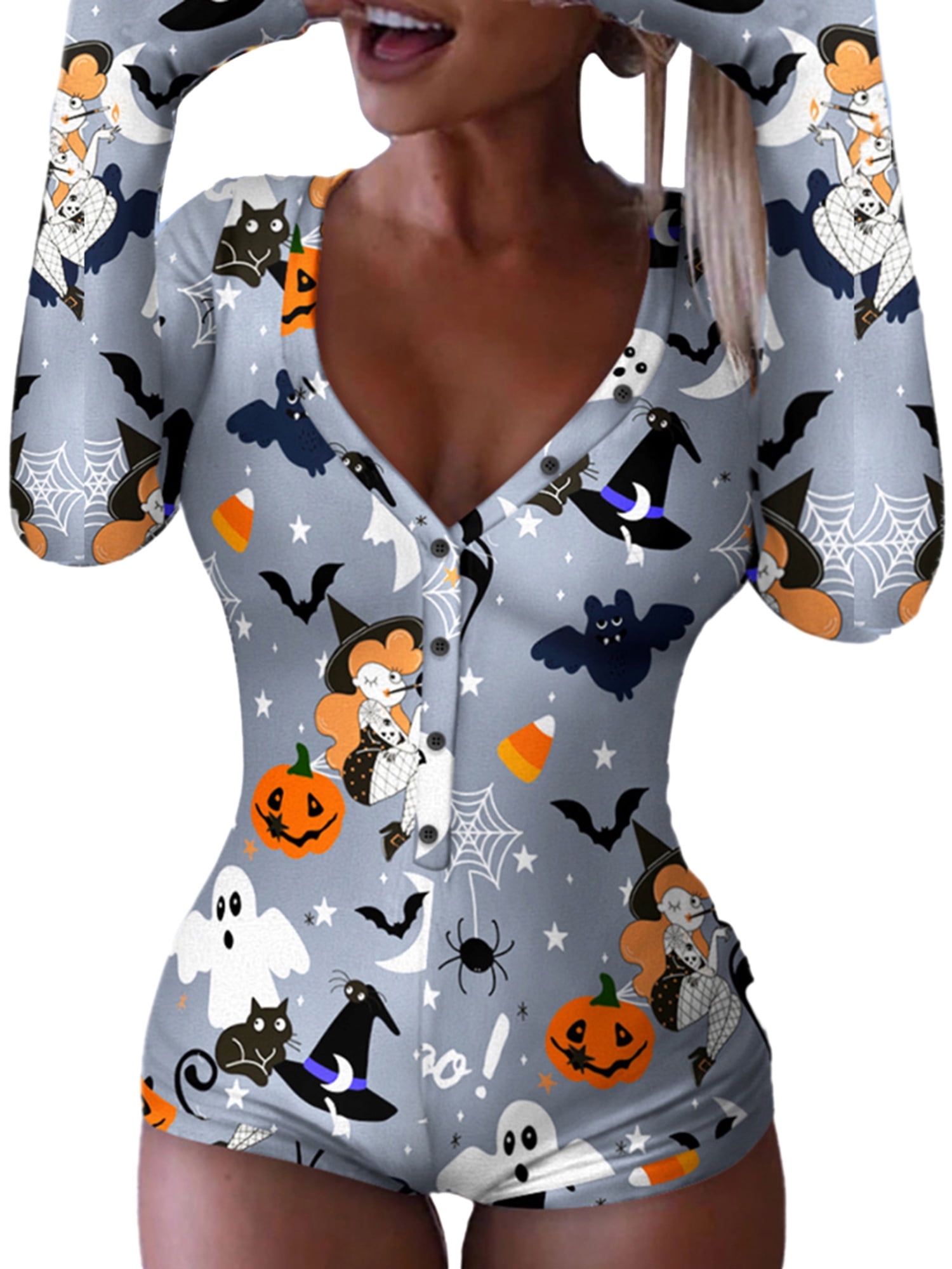 Women s Halloween Pajamas Romper Long Sleeve Deep V Neck Jumpsuit