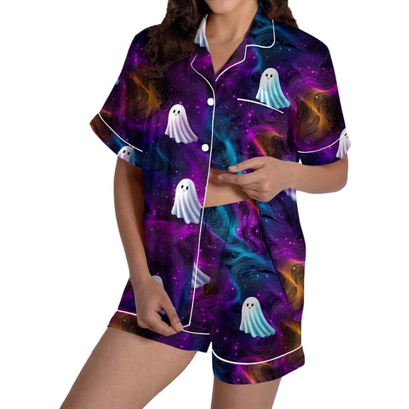 Women's Halloween Pajamas Silk Satin Classic Breathable Witch Hat Print Summerween Pajamas Shorts Set Ruffle Lingerie Notch Collar Sleepwear