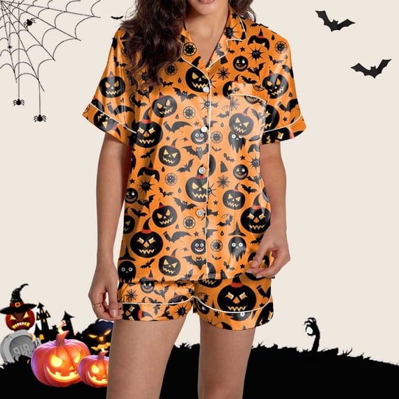 Women's Halloween Pajamas Silk Satin Classic Elastic Waist Spider Pumpkin Print Halloween Pj Silk Pjs Graphic Button Down Satin Pajama Set
