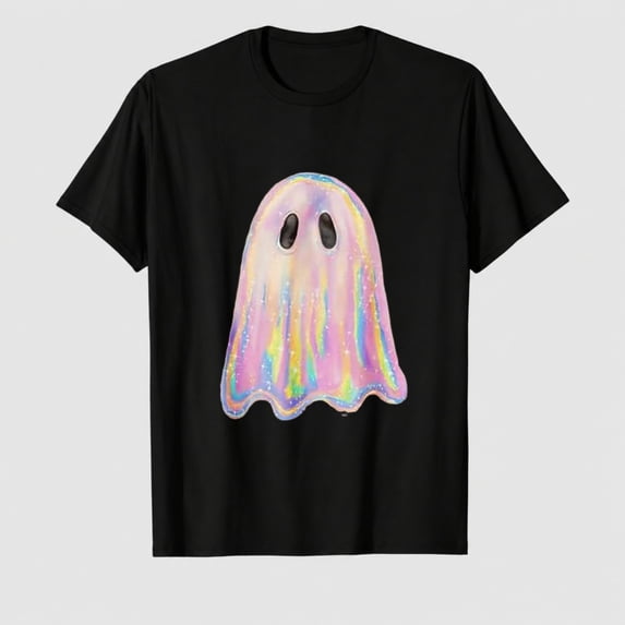 Women's Halloween Pastel Ghost Graphic T-Shirt, Cute 100% Cotton Short Sleeve Shirt