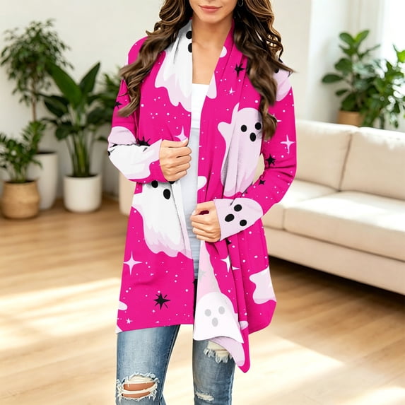Women's Halloween Pink Ghost Star Print Open Front Long Sleeve Cardigan Casual Fall Cover Up
