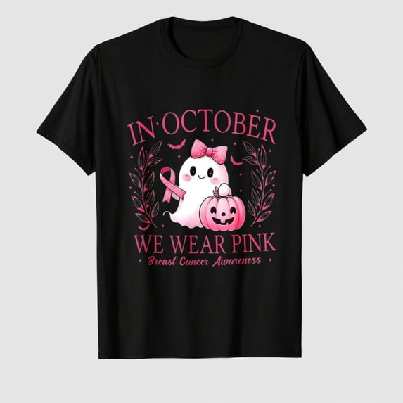 Women's Halloween Pink Ribbon Ghost Pumpkin Graphic T-Shirt, October Awareness Shirt