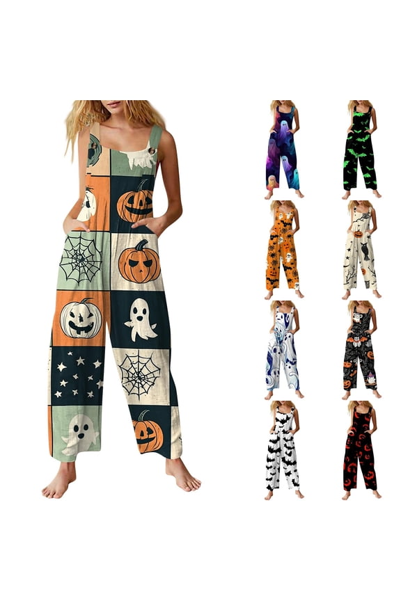Women's Halloween Plaid Pumpkin Ghost Print Adjustable Strap Bib Overalls Wide Leg Jumpsuit With Pockets Green M