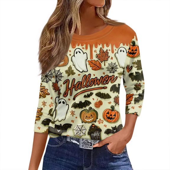 Women's Halloween Print 3/4 Sleeve Casual T-Shirt, Cute Ghost Pumpkin Bat Leaf Pattern Top for Fall Holiday Party