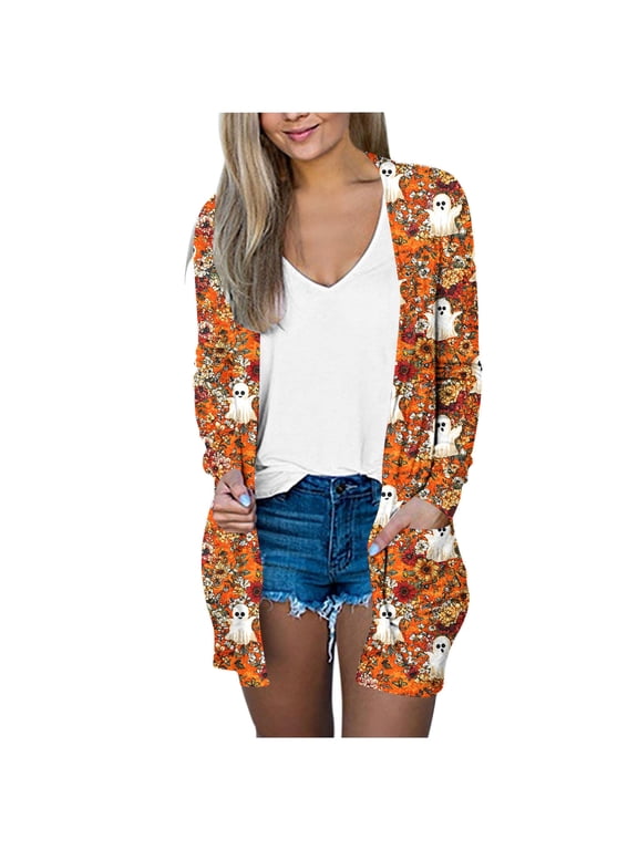 Women's Halloween Print Cardigan Long Sleeve Open Front with Pockets Lightweight Casual Loose Fit Daily Wear