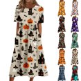 thumbnail image 1 of Women's Halloween Print Casual Dress, Round Neck with Pockets Design , Comfortable Relaxed Fit Fabric for Everyday Wear, Halloween Themed Dress for Women Khaki B 3XL, 1 of 6