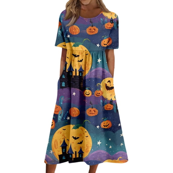 Women's Halloween Print Casual Dress, Short Sleeve V-Neck Style for Everyday Wear, Halloween Themed Fashion Dress for Ladies Light Purple L
