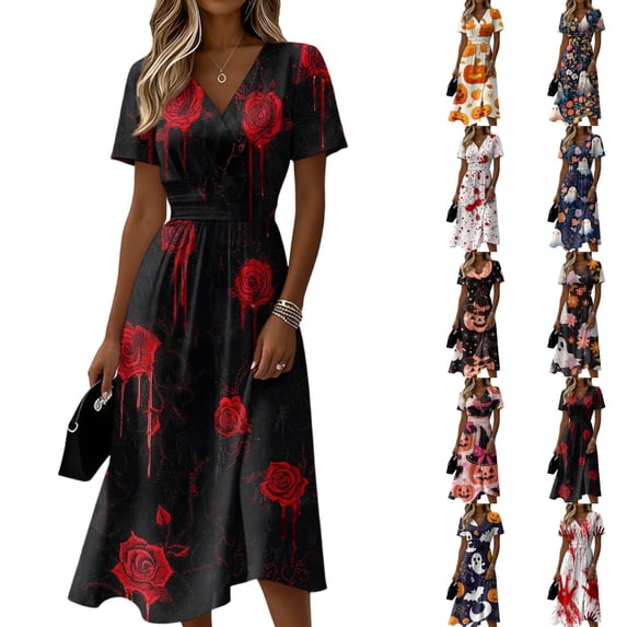 Women's Halloween Print Casual Dress, Short Sleeve V-Neck Style for Everyday Wear, Halloween Themed Fashion Dress for Ladies Red B S