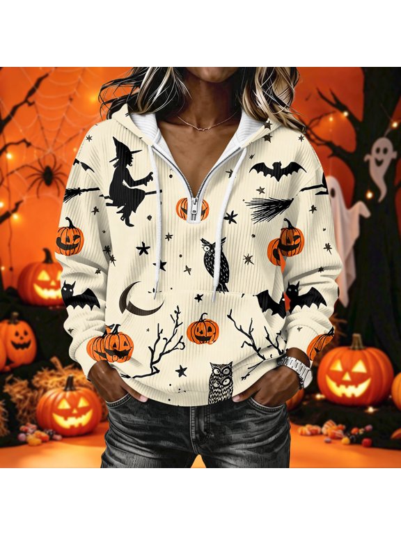 Women’s Halloween Print Hoodie Ghost Pumpkin Spider Web Design Zip Up Long Sleeve Jacket for Fall Casual Party Wear