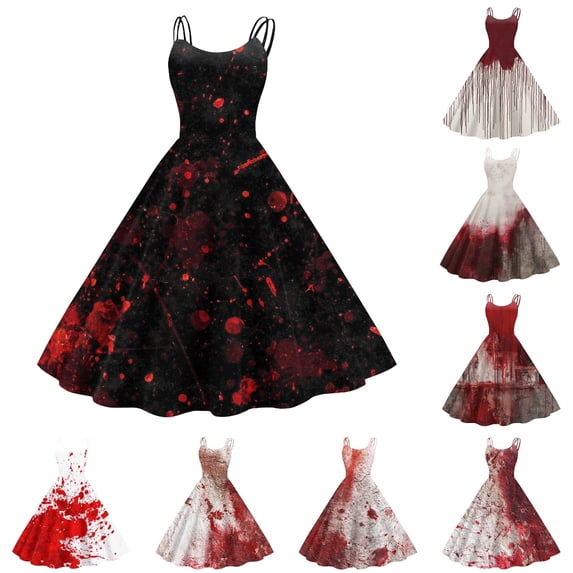 Women's Halloween Print Off Shoulder Sleeveless Vintage Punk A Line Midi Dress with Spaghetti Strap Gothic Party Dress Black L