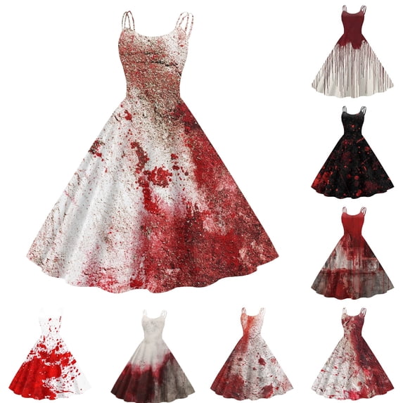 Women's Halloween Print Off Shoulder Sleeveless Vintage Punk A Line Midi Dress with Spaghetti Strap Gothic Party Dress Wine M