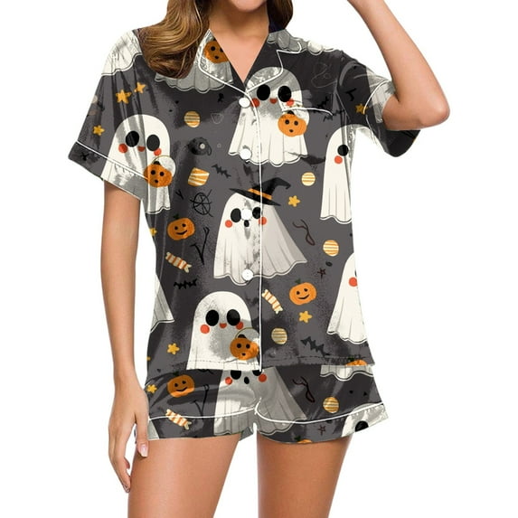 Women's Halloween Print Pajama Set Casual Sleepwear Short Sleeve Button Down Shirt and Shorts Comfortable Summer Loungewear Outfit
