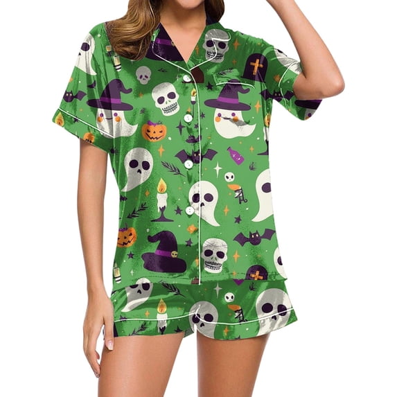 Women's Halloween Print Pajama Set Short Sleeve Button Down Shirt and Shorts Comfortable Sleepwear Loungewear for Everyday Summer Relaxation