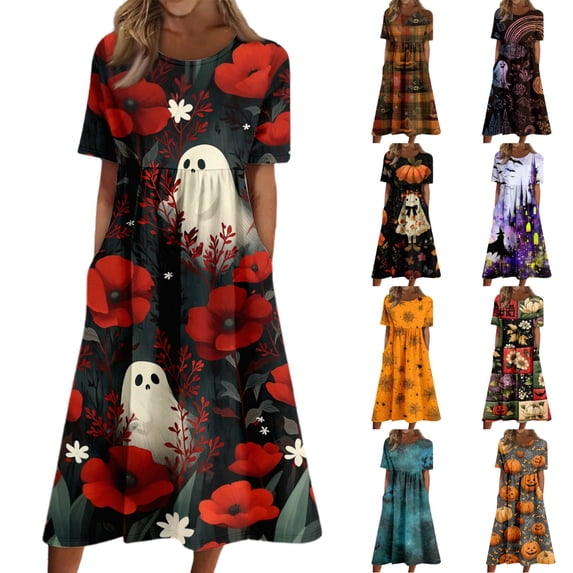 Women's Halloween Print Round Neck Casual Dress with Pockets Short Sleeve Loose Fit Midi Dress Plus Size for Daily Wear Autumn Outfit Red M
