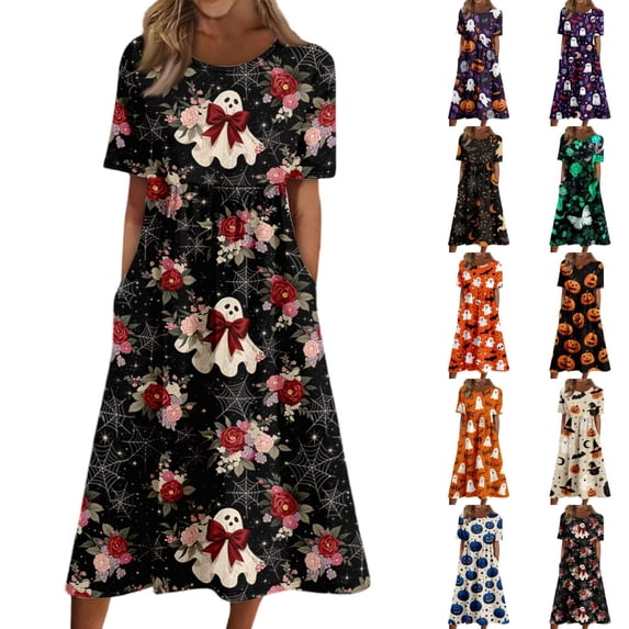 Women's Halloween Print Round Neck Dress with Pockets Short Sleeve Loose Midi Casual Dress Plus Size for Autumn Daily Wear Party Red M