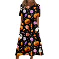 thumbnail image 1 of Women's Halloween Print Round Neck Dress with Pockets Short Sleeve Loose Midi Casual Dress for Women Fall Outfit Daily Wear Black L, 1 of 6