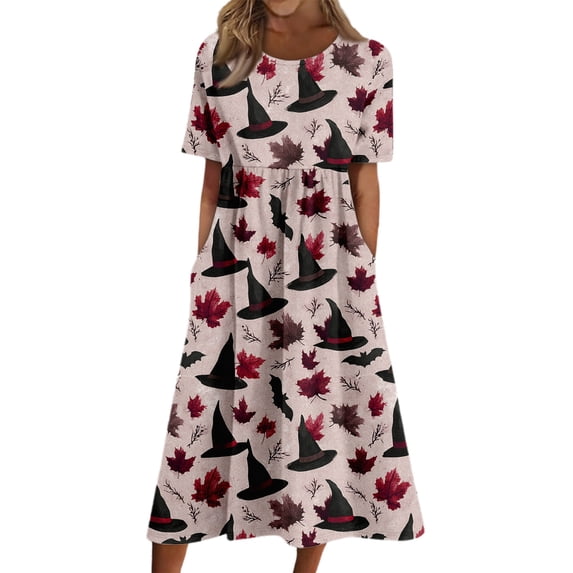 Women's Halloween Print Round Neck Dress with Pockets Short Sleeve Loose Midi Casual Dress for Women Fall Outfit Daily Wear Deep Red L