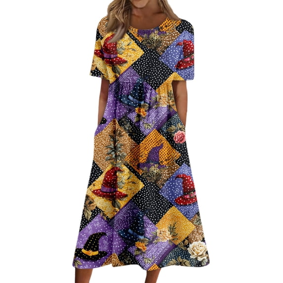 Women's Halloween Print Round Neck Dress with Pockets Short Sleeve Loose Midi Casual Dress for Women Fall Outfit Daily Wear Purple M