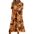 thumbnail image 1 of Women's Halloween Print Round Neck Dress with Pockets Short Sleeve Loose Midi Casual Dress for Women Fall Outfit Daily Wear Yellow M, 1 of 6