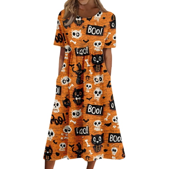Women's Halloween Print Round Neck Dress with Pockets Short Sleeve Loose Midi Casual Dress for Women Fall Outfit Daily Wear Yellow M