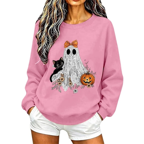 Women's Halloween Print Sweatshirt, Crewneck Long Sleeve Pullover, Cute Holiday Graphic Top for Fall Everyday Wear