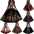 thumbnail image 1 of Women's Halloween Print V Neck Long Sleeve Casual Dress, Festive Party Cosplay Outfit, 1 of 4