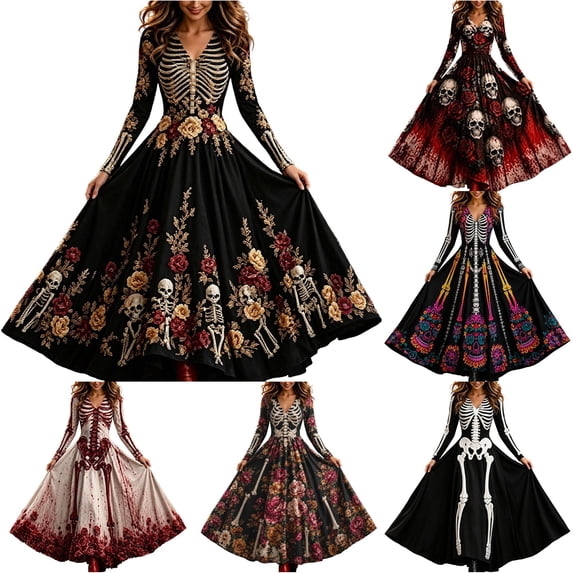 Women's Halloween Print V Neck Long Sleeve Casual Dress, Festive Party Cosplay Outfit
