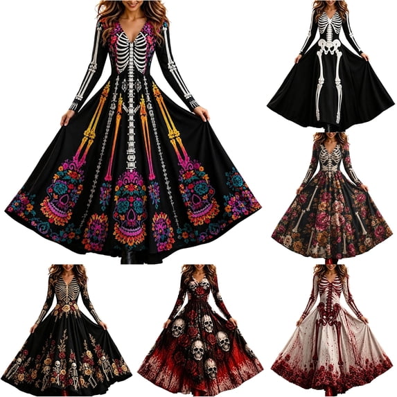 Women's Halloween Print V Neck Long Sleeve Casual Dress, Festive Party Cosplay Outfit