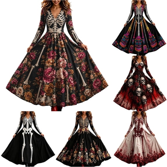 Women's Halloween Print V Neck Long Sleeve Casual Dress, Festive Party Cosplay Outfit