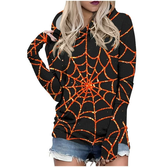 Women's Halloween Printed Hooded Sweatshirt Long Sleeved Ghost Pumpkin Witch Print Tees Halloween Party Sweatshirt