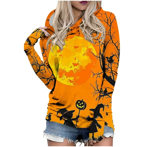 Women's Halloween Printed Hooded Sweatshirt Long Sleeved Ghost Pumpkin Witch Print Tees Halloween Party Sweatshirt
