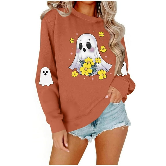 Women's Halloween Printed Round Neck Long Sleeved Top Loose Fitting Sweater